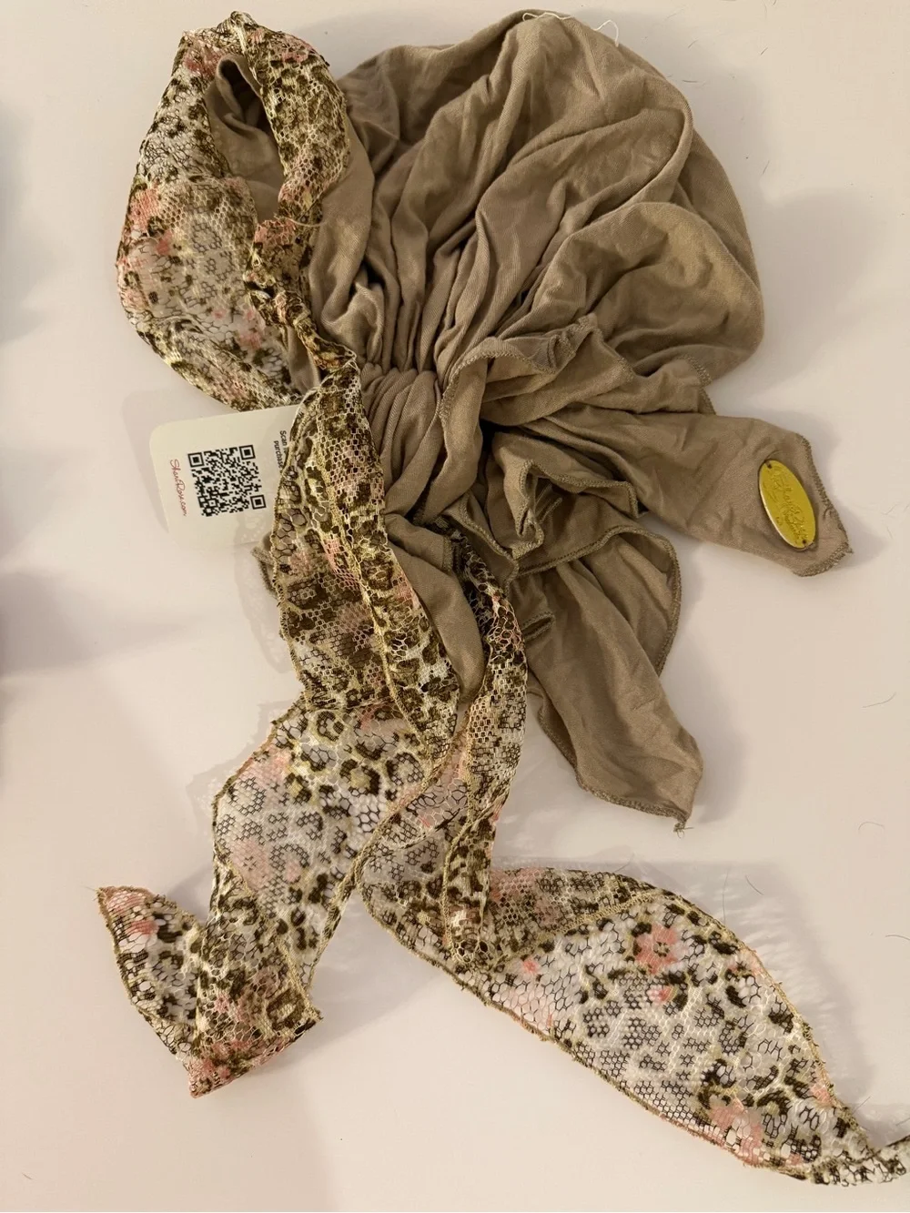 Sharirose Beige Floral Lace Headscarf Wrap - still available on website!